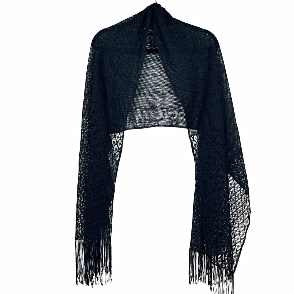 Black Solid Knit Synthetic Fringe lace Rectangle Scarf Wrap boho goth opera
